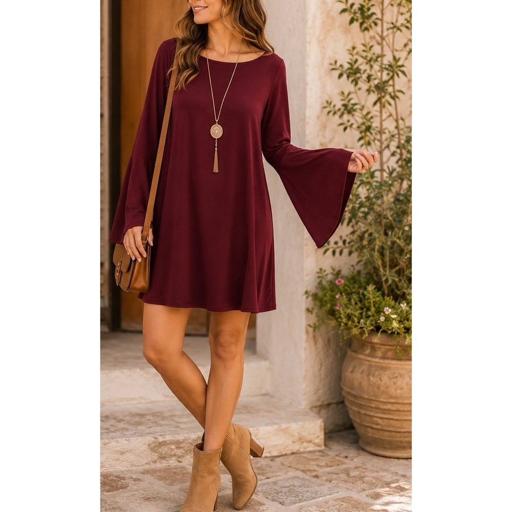 Womens Burgundy Bell Sleeve Tunic Mini Dress Scoop Neck Wine Red Stretch‎ Boho
